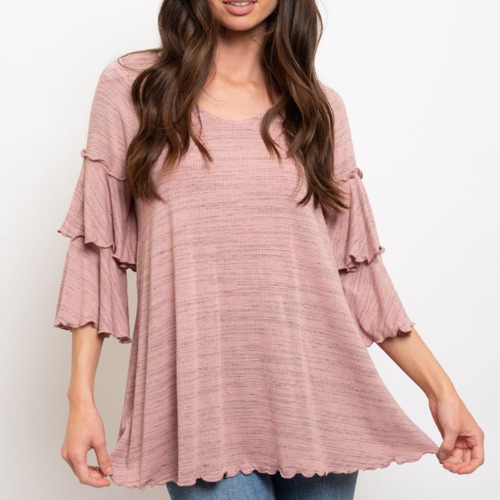 Mauve Tiered Bell Sleeves V-neck Tunic Blouse Top